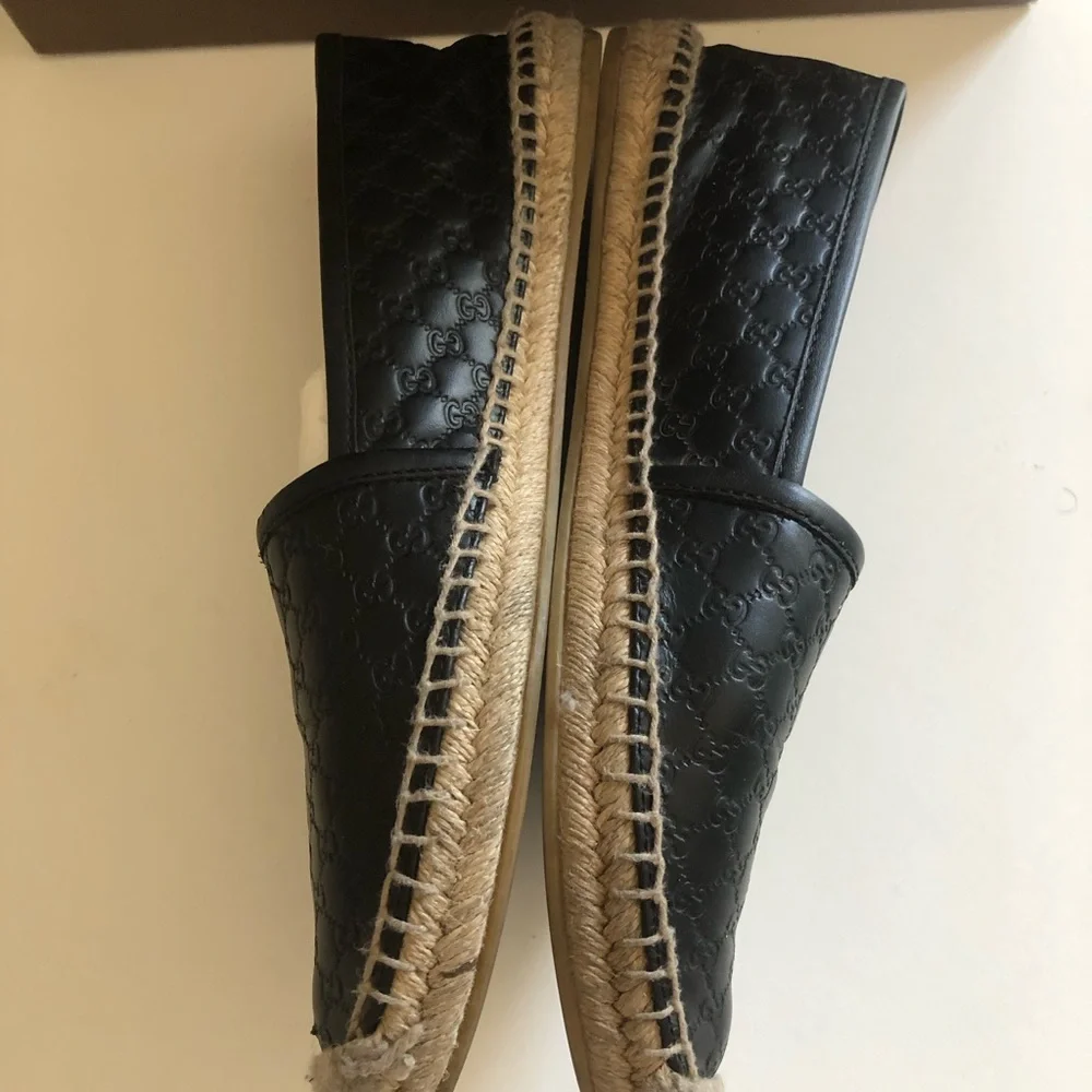 Gucci Black Leather Espadrilles Shoes Women's Guccissima GG Micro Size 37 US 7